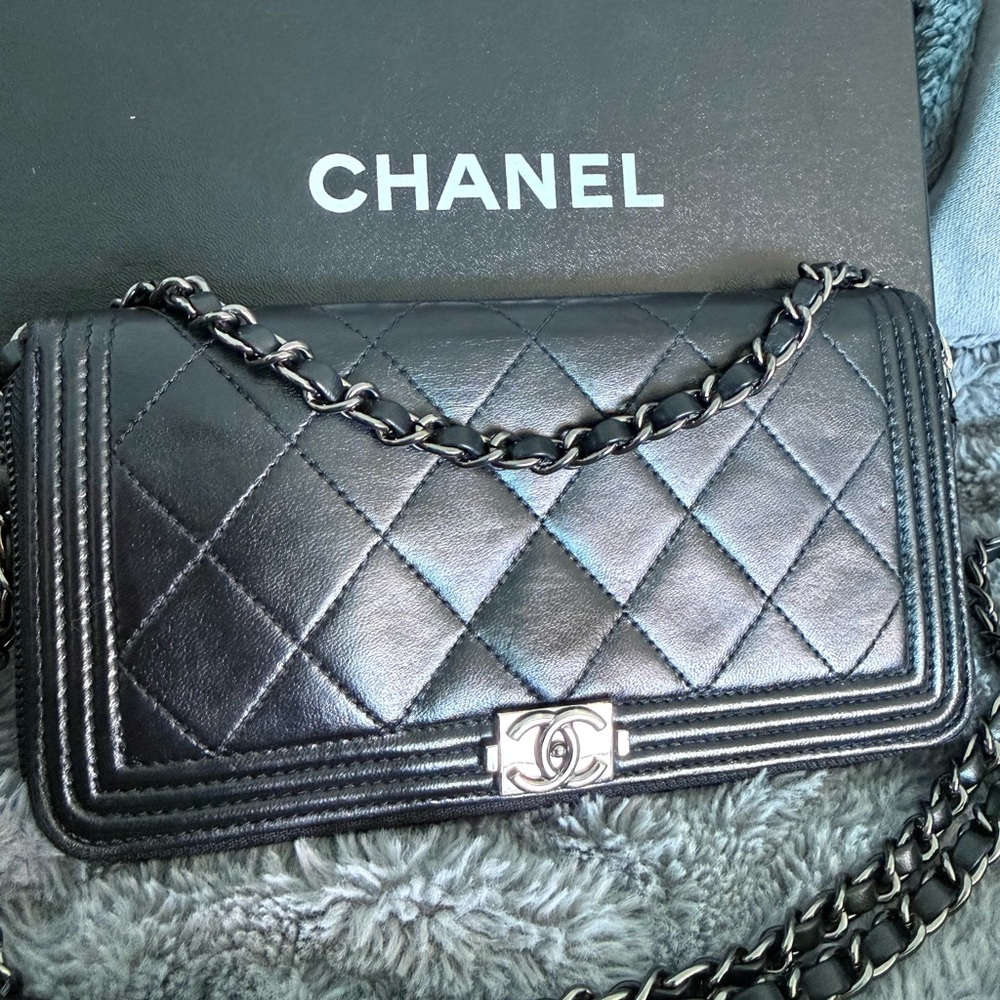 CHANEL Black Quilted Lambskin Boy Flap Crossbody Bag with Silver Hardware